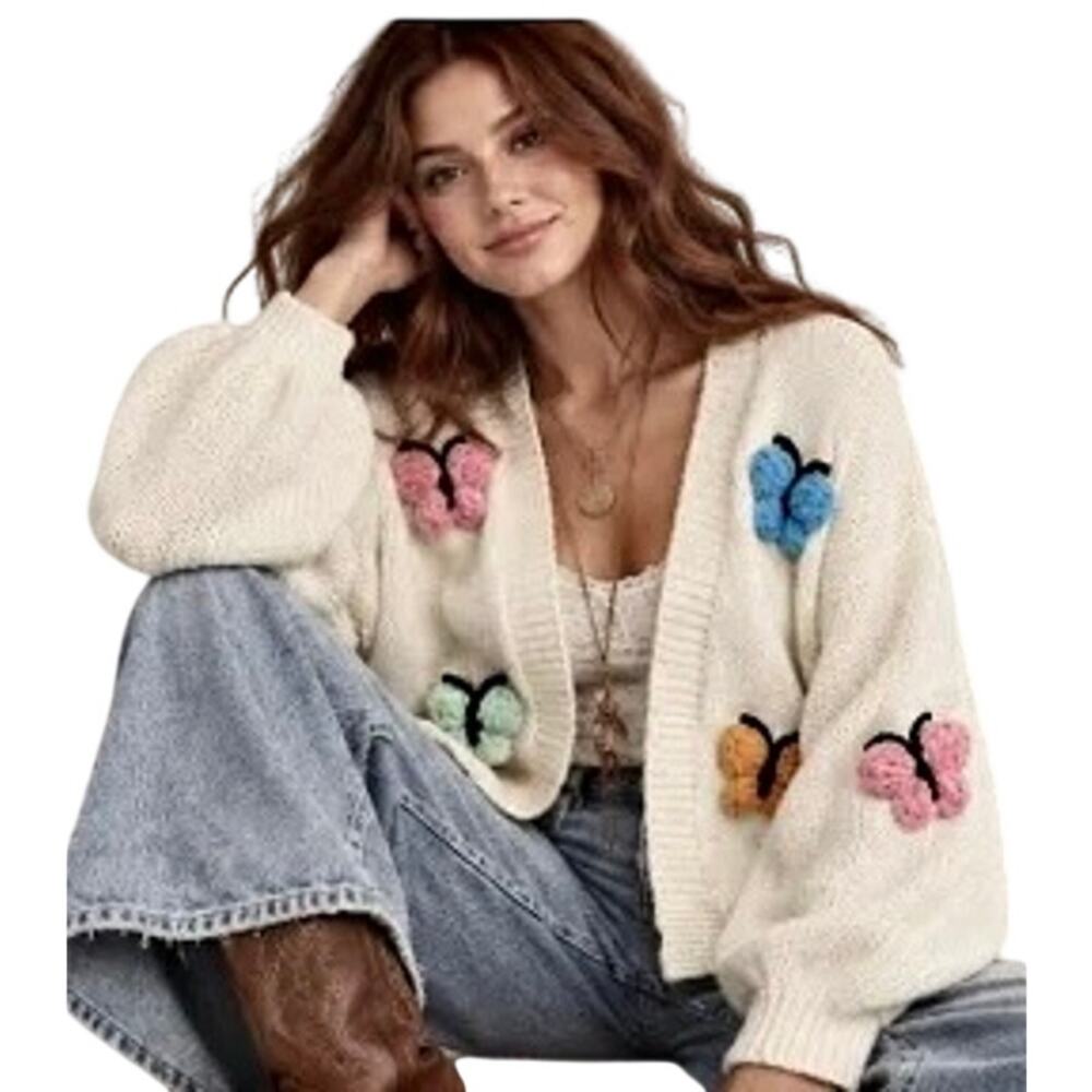 Luna Ivy Chunky Knit Crochet Butterfly Cardigan Sweater Full Sleeve Fairy